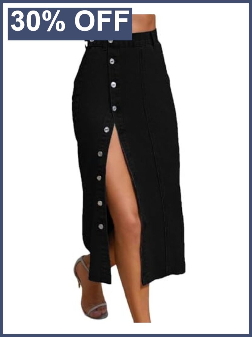 Women's Midi Denim Skirt Front Slit Button Front Stretch A-Line